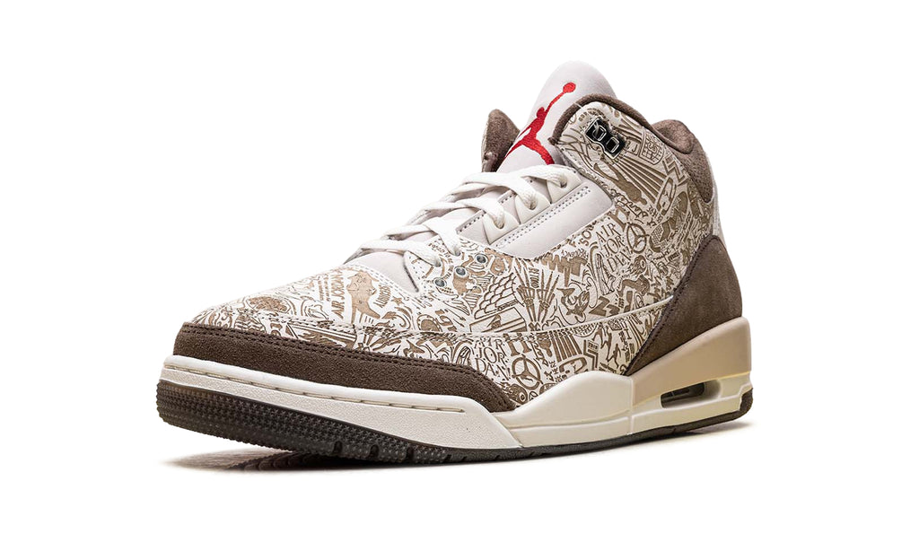 Air Jordan 3 Retro Sneakers - Cream & Brown Graphic Print with Red Accents