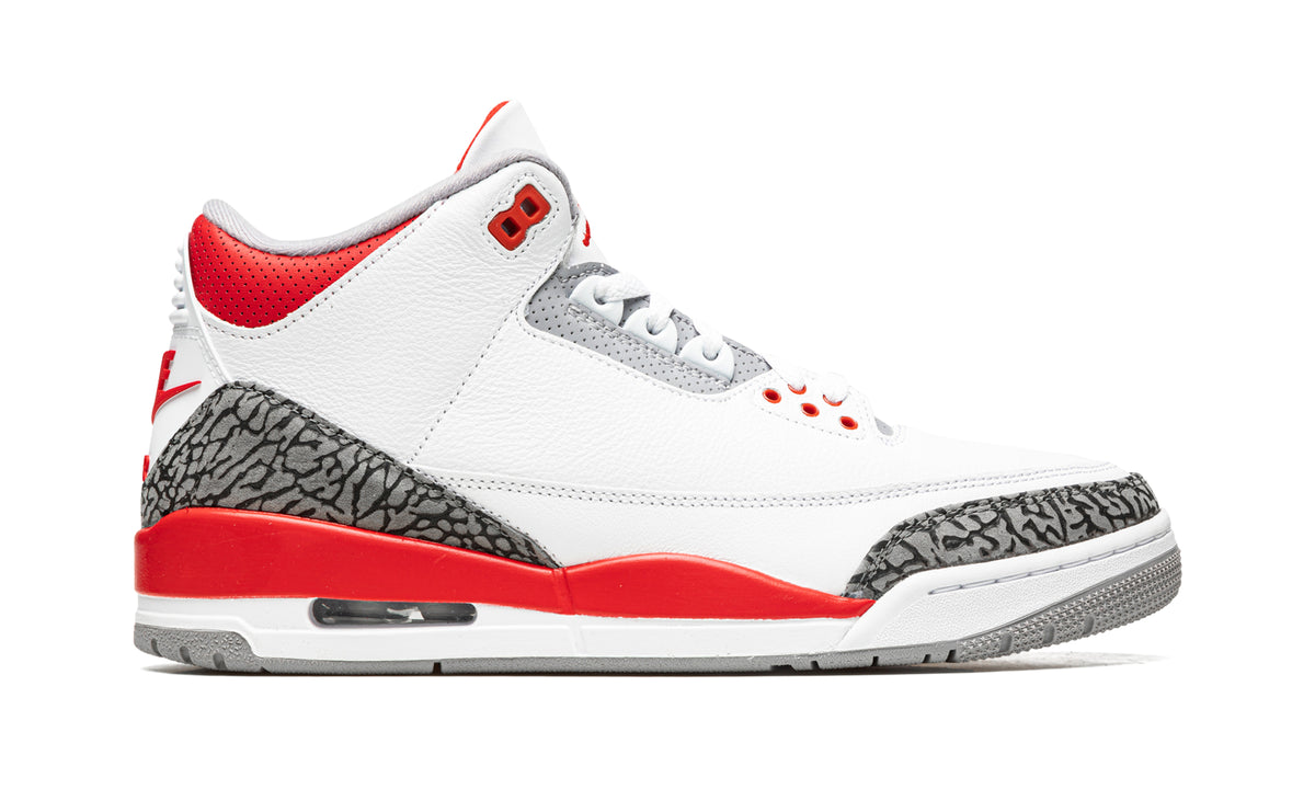 Air Jordan 3 Retro Sneakers - White and Red with Gray Elephant-Print Overlays
