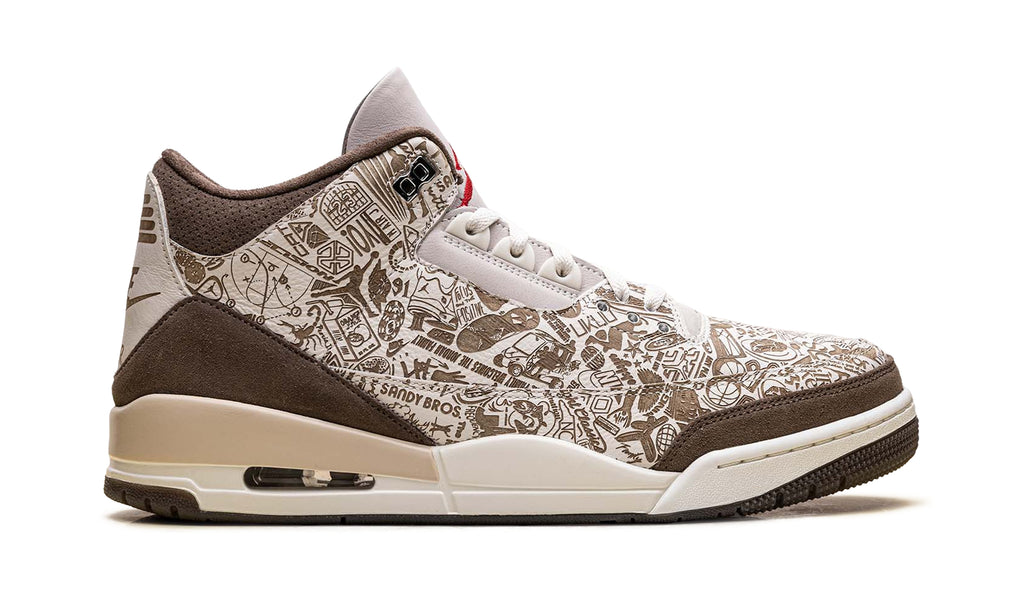 Air Jordan 3 Retro Sneakers - Cream & Brown Graphic Print with Red Accents