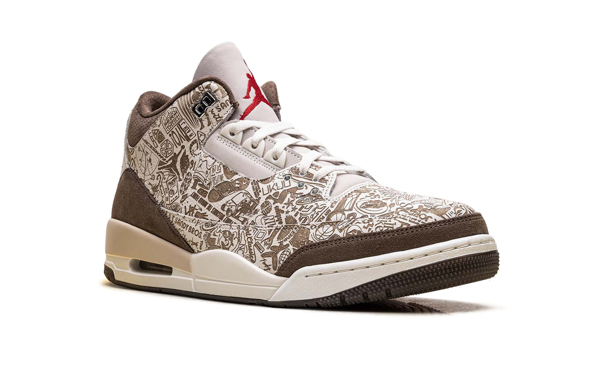 Air Jordan 3 Retro Sneakers - Cream & Brown Graphic Print with Red Accents