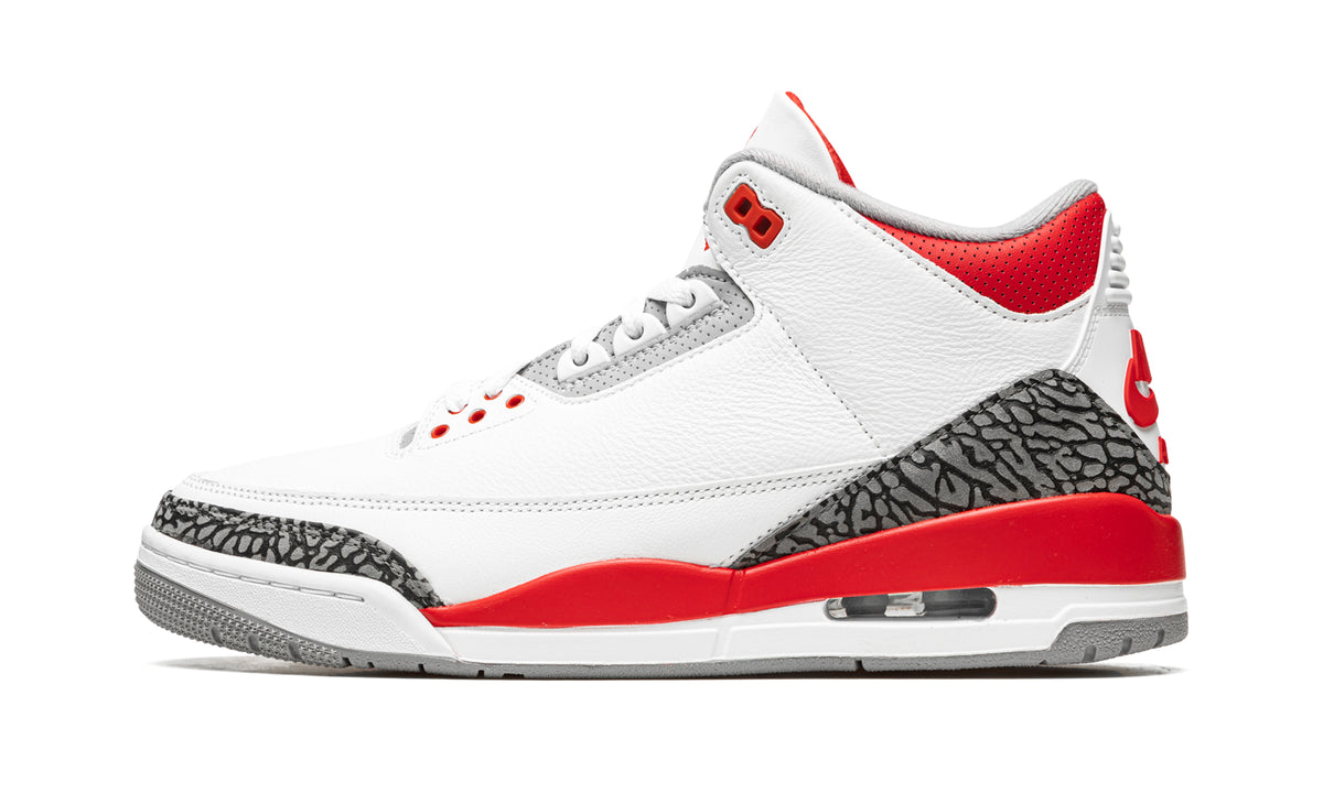 Air Jordan 3 Retro Sneakers - White and Red with Gray Elephant-Print Overlays