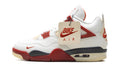 Air Jordan 4 Sneakers - White and Red with Cream and Charcoal Accents