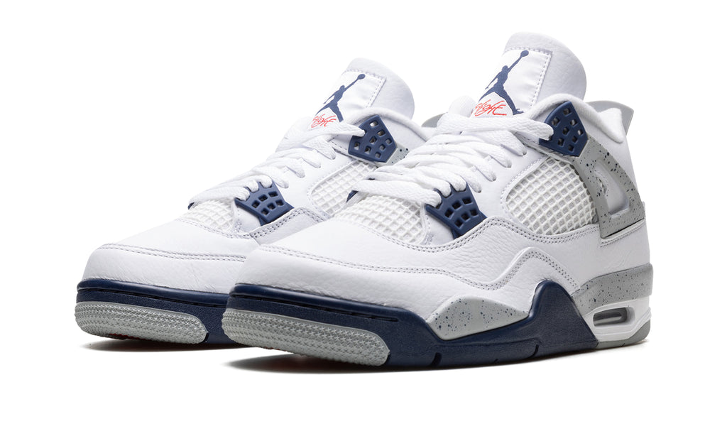 Air Jordan 4 Retro Sneakers - White and Navy with Speckled Gray Details