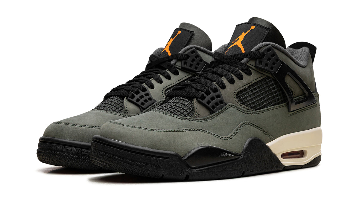 Air Jordan 4 Retro Sneakers - Olive Gray and Black with Orange Accents