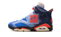 Air Jordan 6 Retro Sneakers - Blue & Navy with Orange Accents and Academy Heel Branding
