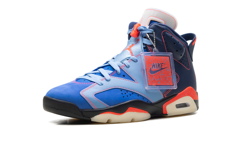 Air Jordan 6 Retro Sneakers - Blue & Navy with Orange Accents and Academy Heel Branding