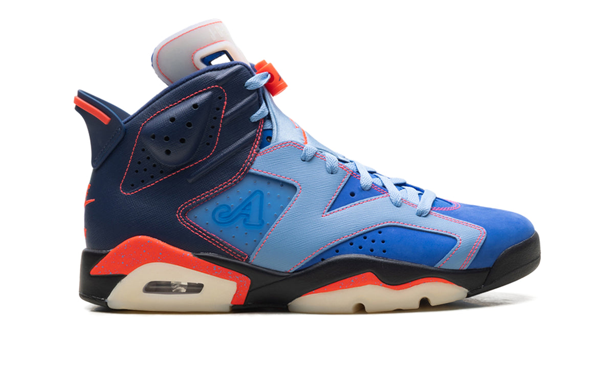 Air Jordan 6 Retro Sneakers - Blue & Navy with Orange Accents and Academy Heel Branding