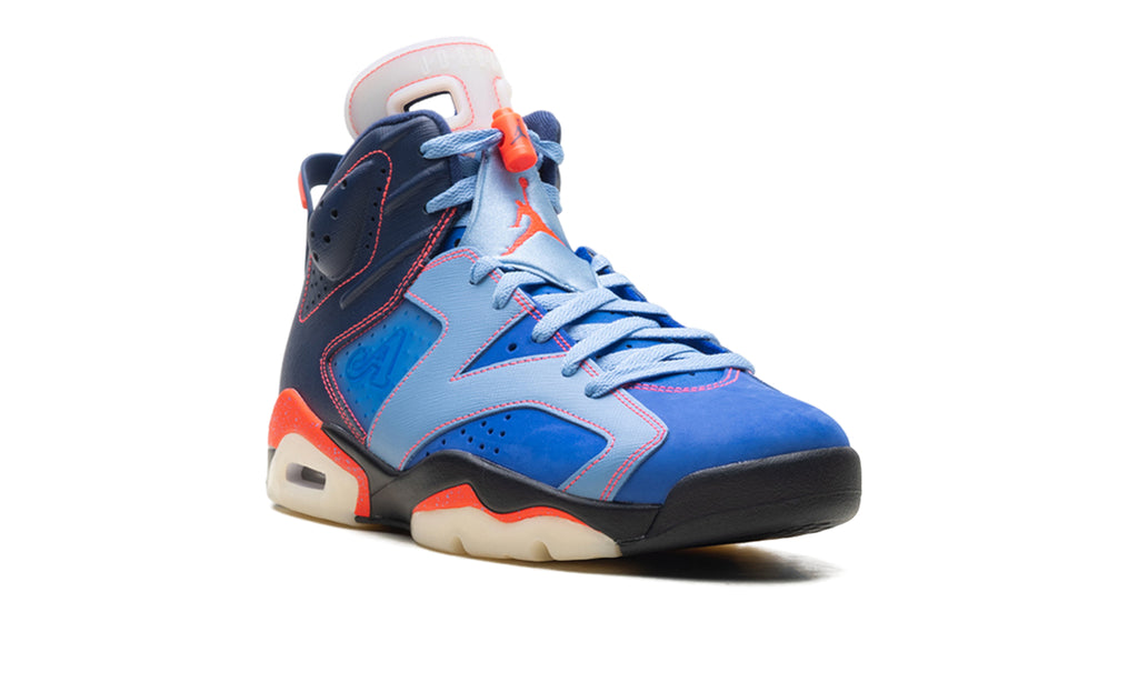 Air Jordan 6 Retro Sneakers - Blue & Navy with Orange Accents and Academy Heel Branding