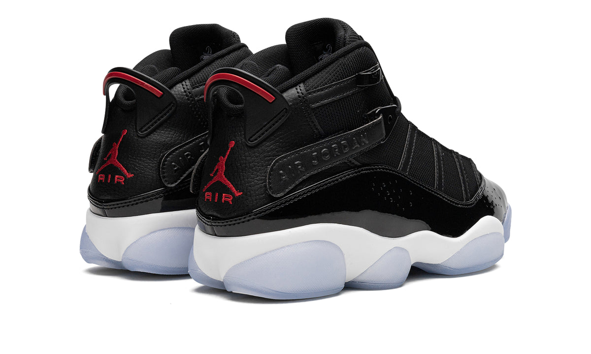 Jordan 6 Rings Sneakers - Black and White with Red Details and Icy Blue Outsole