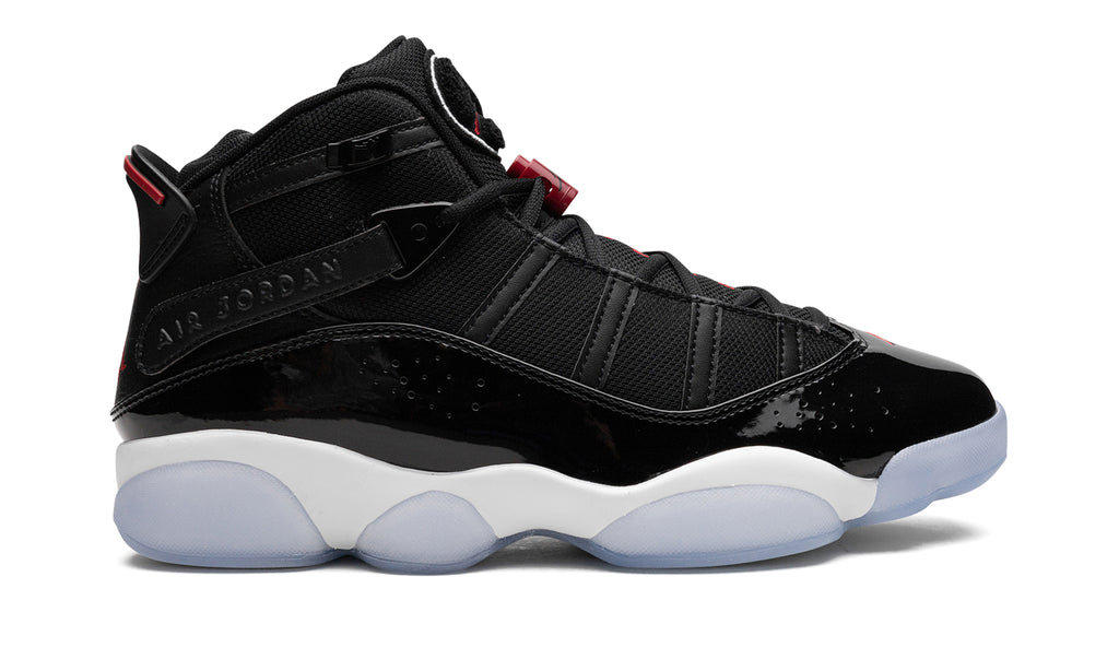 Jordan 6 Rings Sneakers - Black and White with Red Details and Icy Blue Outsole