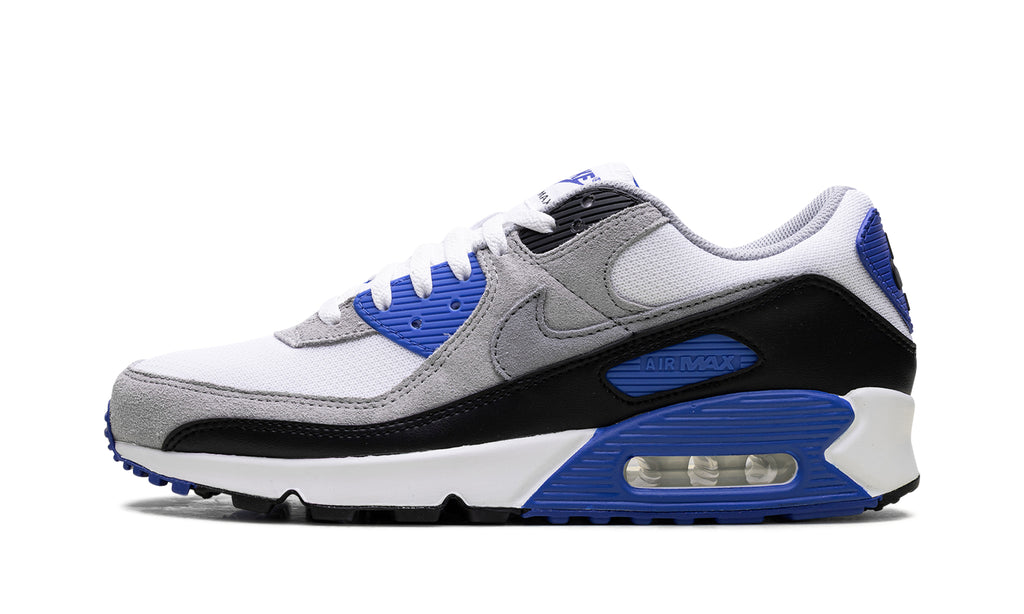 Nike Air Max 90 Sneakers - White, Light Gray & Black with Royal Blue Accents