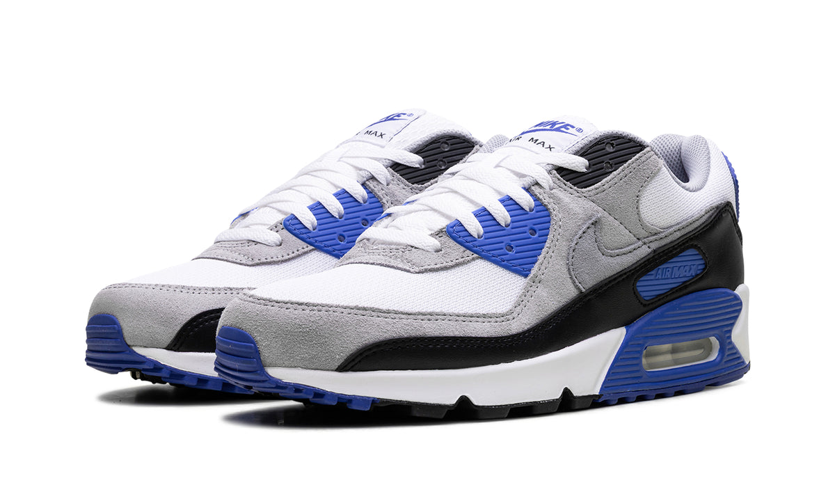 Nike Air Max 90 Sneakers - White, Light Gray & Black with Royal Blue Accents