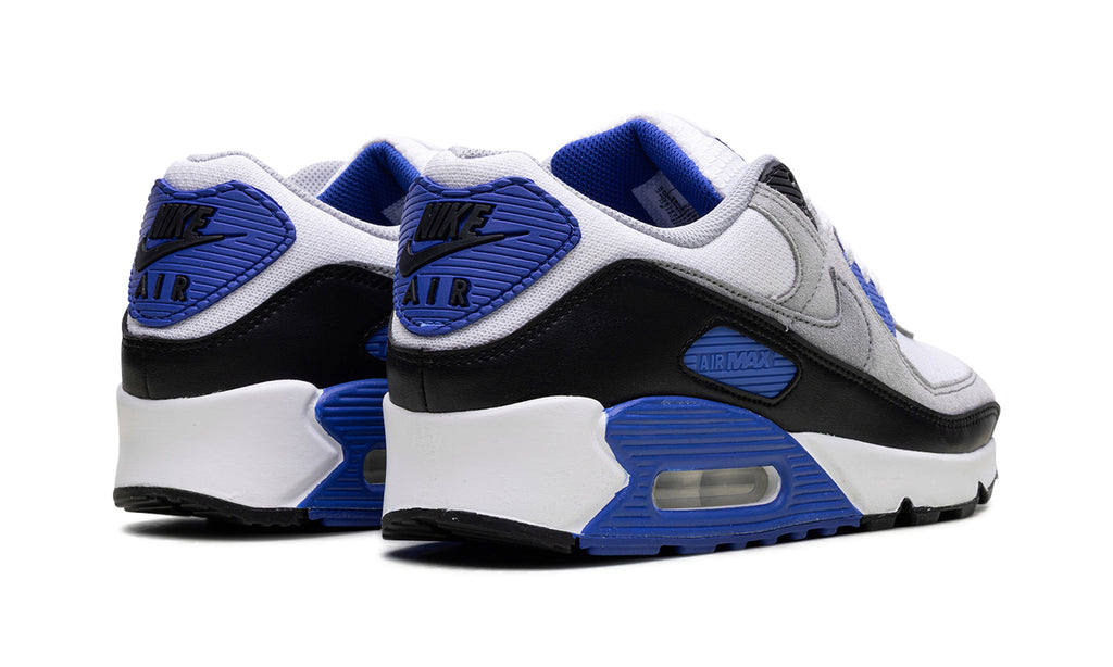 Nike Air Max 90 Sneakers - White, Light Gray & Black with Royal Blue Accents