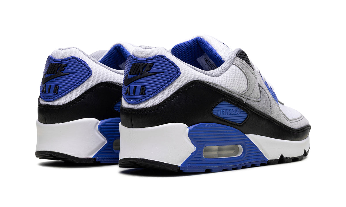 Nike Air Max 90 Sneakers - White, Light Gray & Black with Royal Blue Accents