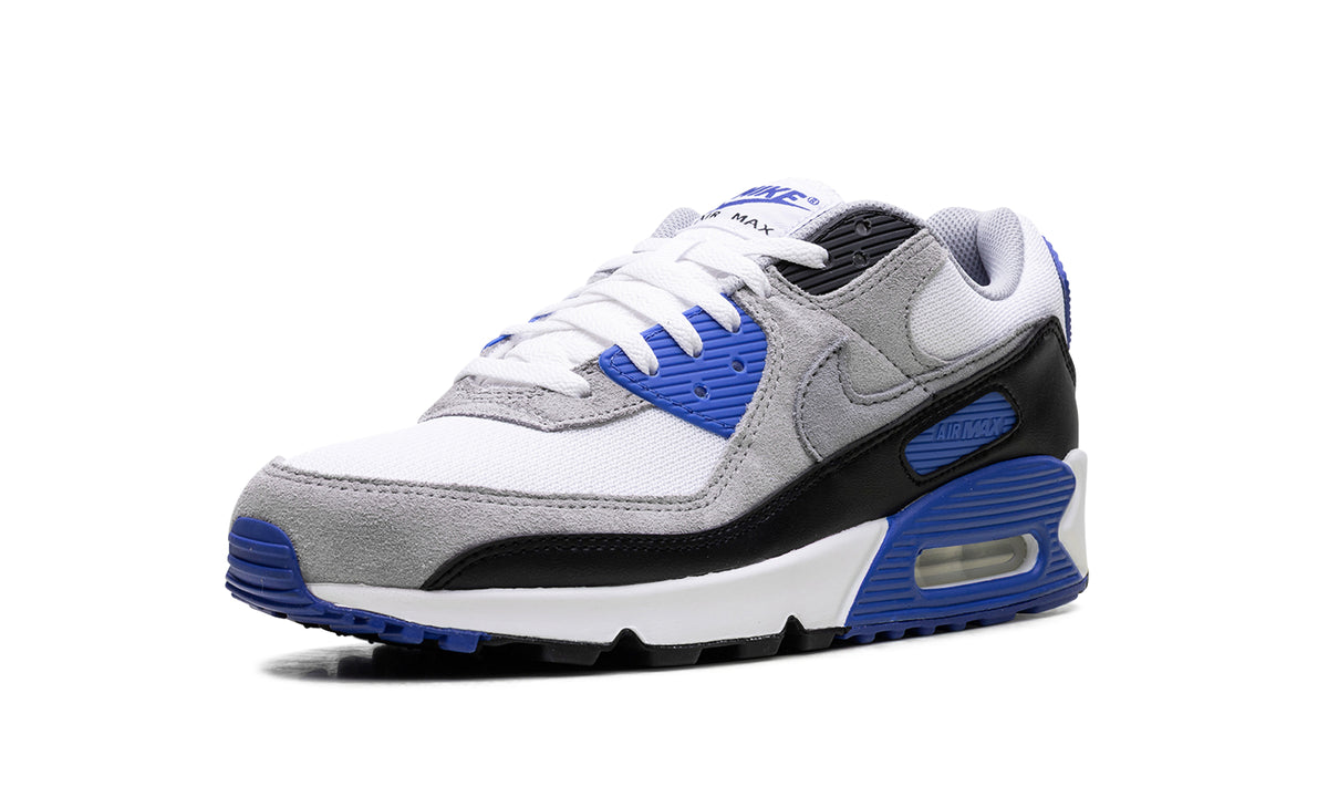 Nike Air Max 90 Sneakers - White, Light Gray & Black with Royal Blue Accents