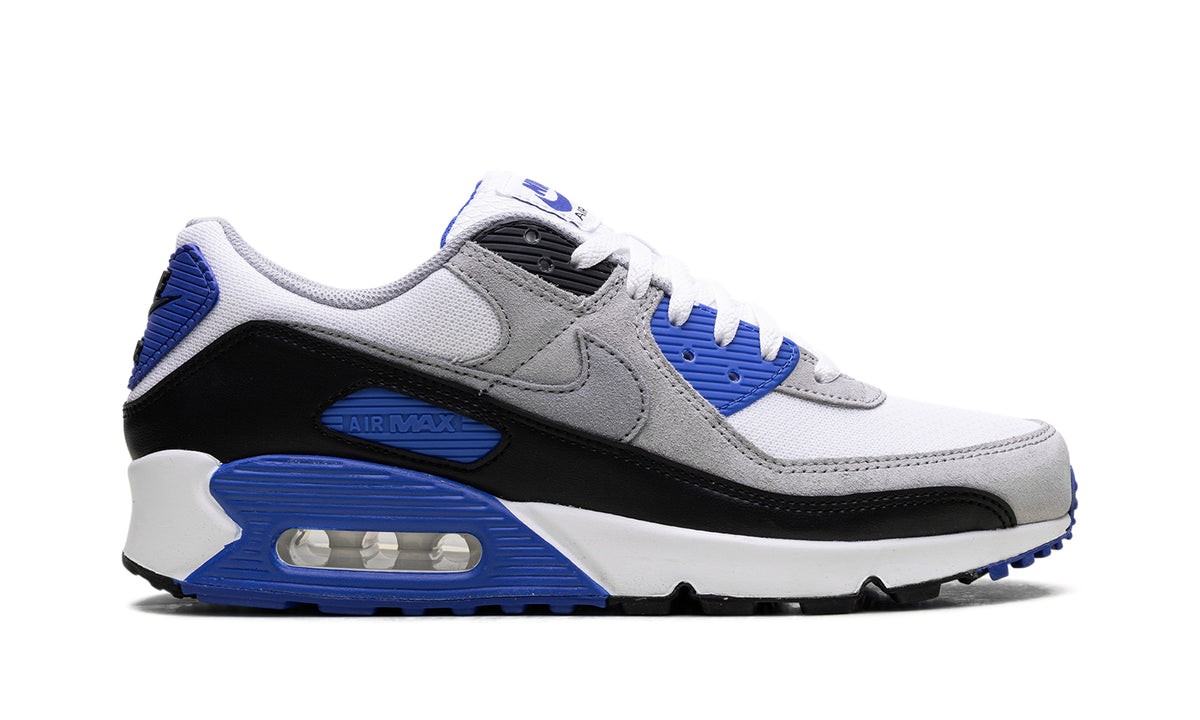 Nike Air Max 90 Sneakers - White, Light Gray & Black with Royal Blue Accents
