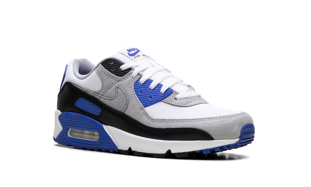 Nike Air Max 90 Sneakers - White, Light Gray & Black with Royal Blue Accents