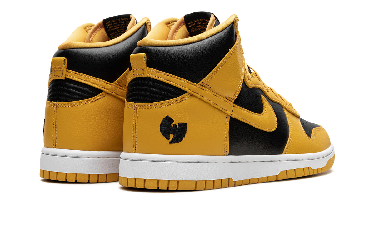 Nike Dunk High Sneakers - Golden Yellow and Black with Wu-Tang Logo Details