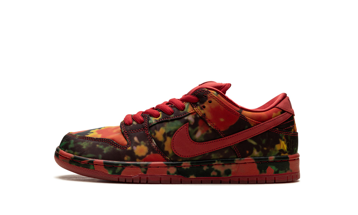 Nike Dunk Low Sneakers - Multicolor Abstract Print with Red Swooshes