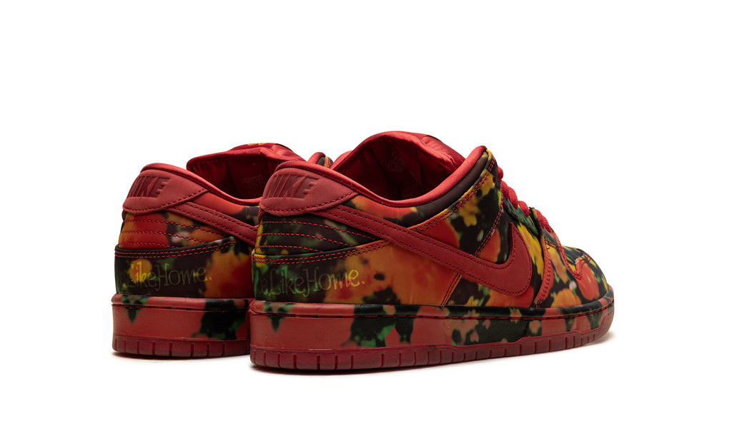 Nike Dunk Low Sneakers - Multicolor Abstract Print with Red Swooshes