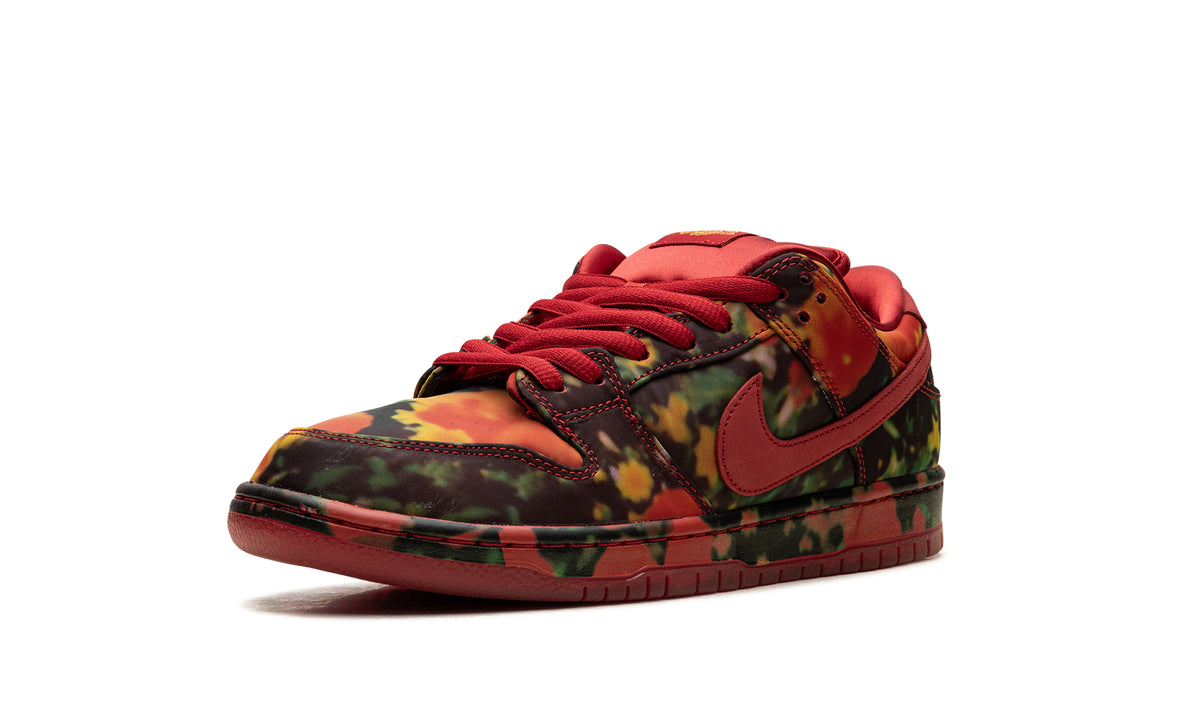 Nike Dunk Low Sneakers - Multicolor Abstract Print with Red Swooshes