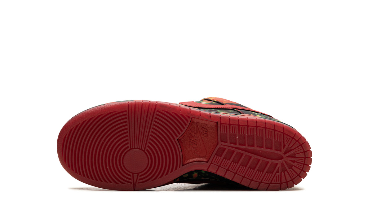 Nike Dunk Low Sneakers - Multicolor Abstract Print with Red Swooshes