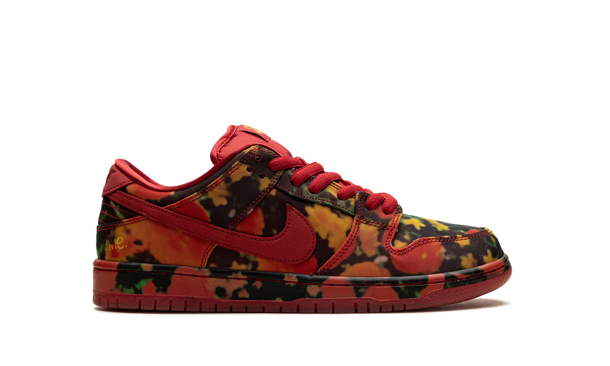Nike Dunk Low Sneakers - Multicolor Abstract Print with Red Swooshes