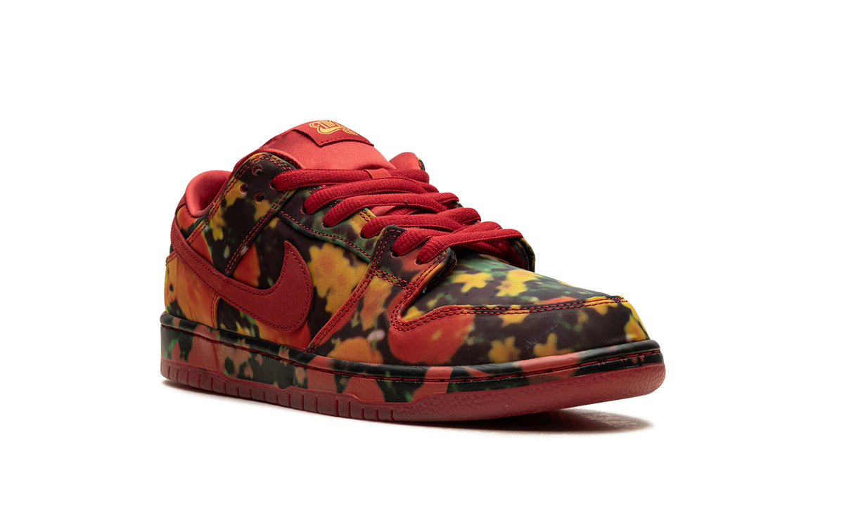 Nike Dunk Low Sneakers - Multicolor Abstract Print with Red Swooshes