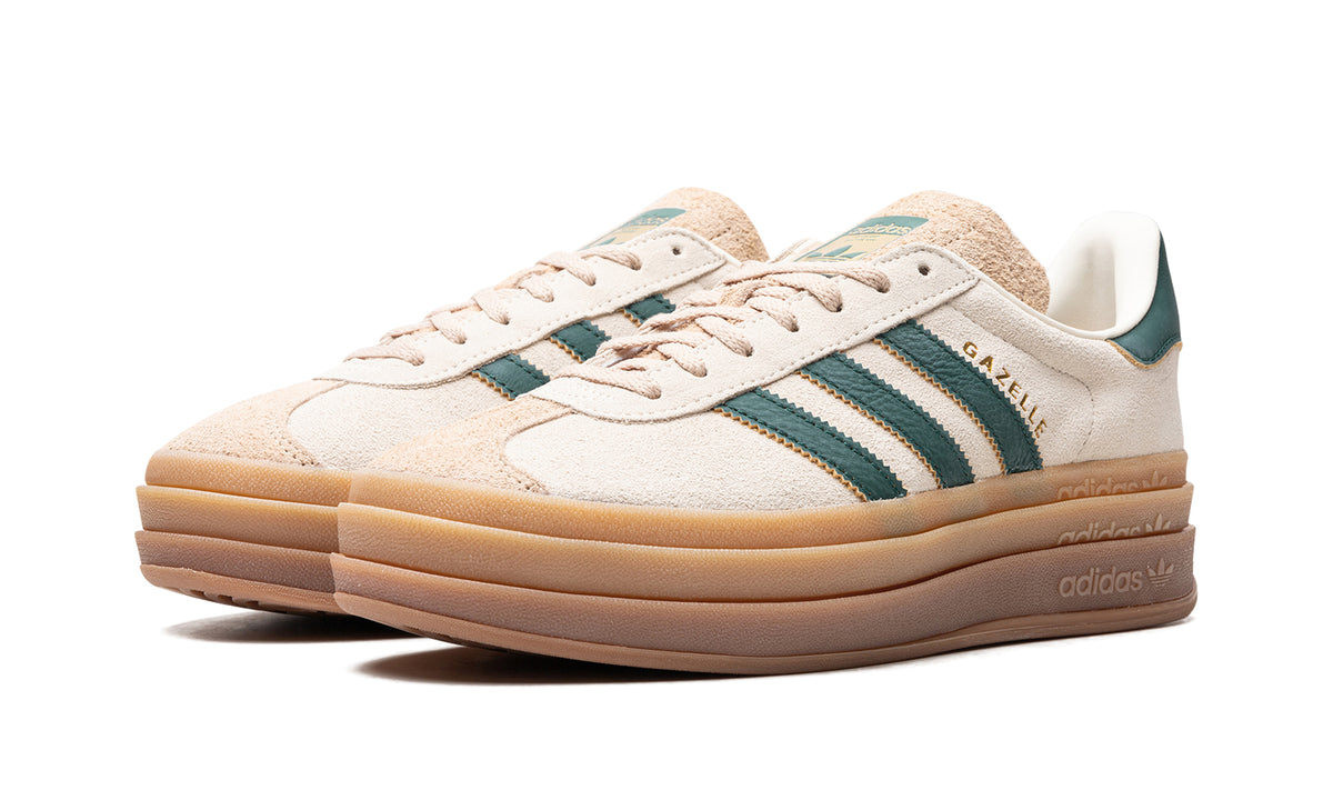 adidas Gazelle Bold Platform Sneakers - Cream with Dark Green Stripes and Gum Sole