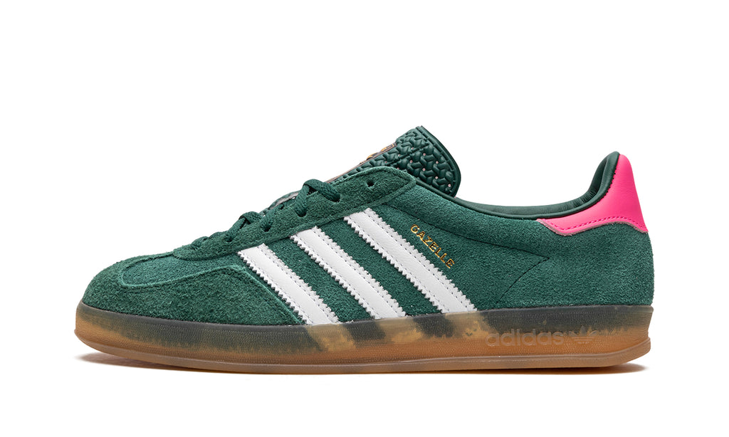 adidas Gazelle Indoor Sneakers - Forest Green and White with Pink Heel and Gum Sole
