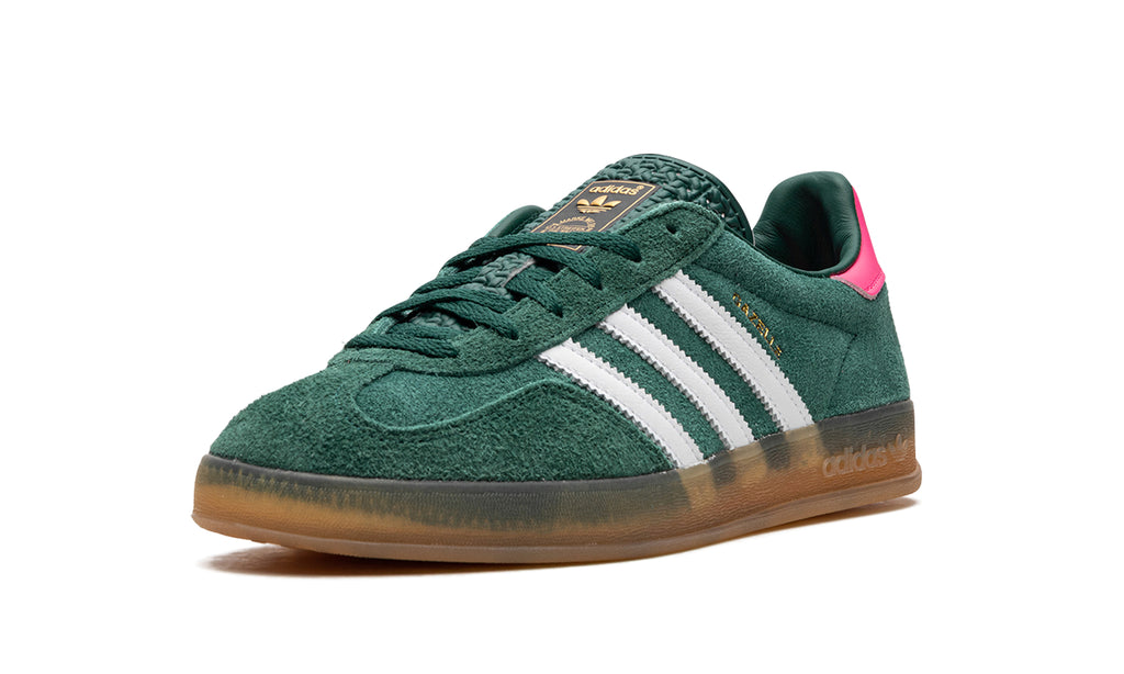 adidas Gazelle Indoor Sneakers - Forest Green and White with Pink Heel and Gum Sole