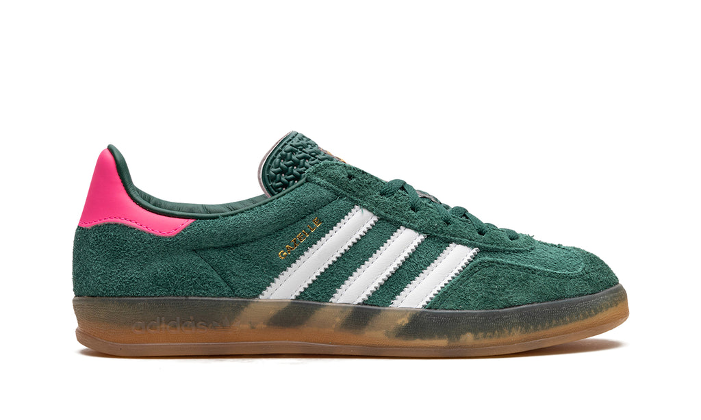 adidas Gazelle Indoor Sneakers - Forest Green and White with Pink Heel and Gum Sole