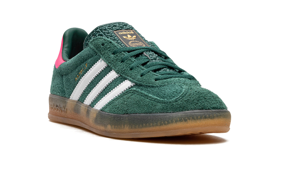 adidas Gazelle Indoor Sneakers - Forest Green and White with Pink Heel and Gum Sole