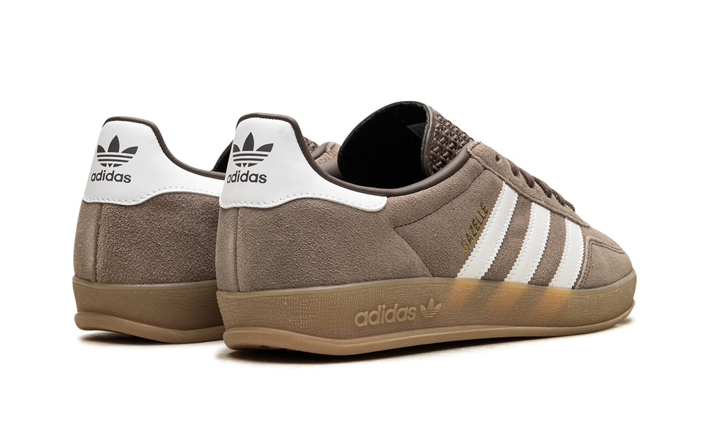 adidas Gazelle Indoor Sneakers - Taupe with White Stripes and Gum Sole