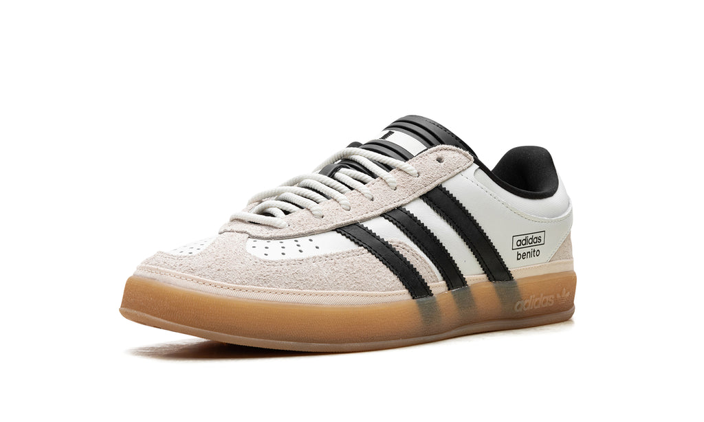 adidas Gazelle Indoor Sneakers - White & Black with Benito Branding and Gum Sole