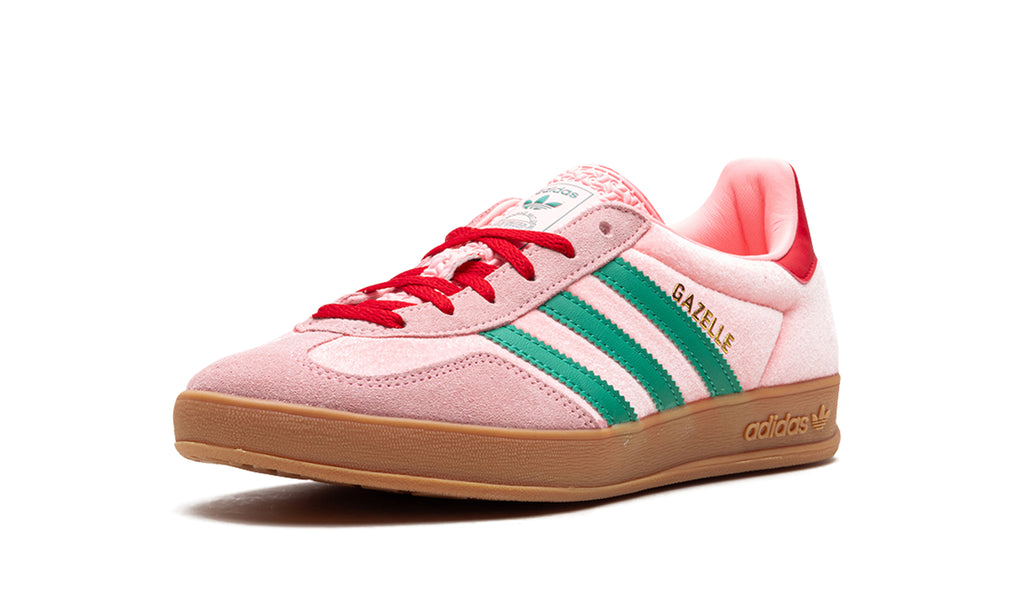 adidas Gazelle Indoor Sneakers - Pink with Green Stripes, Red Accents and Gum Sole
