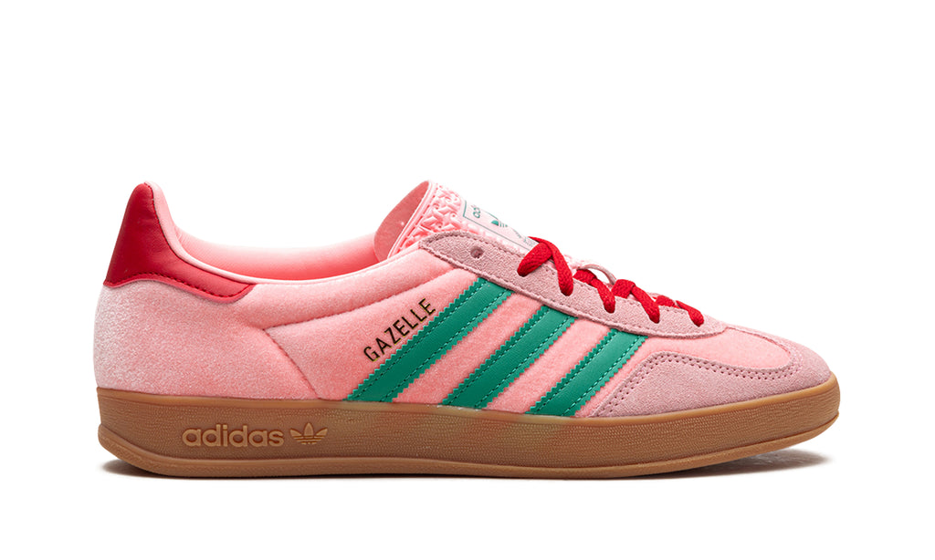 adidas Gazelle Indoor Sneakers - Pink with Green Stripes, Red Accents and Gum Sole
