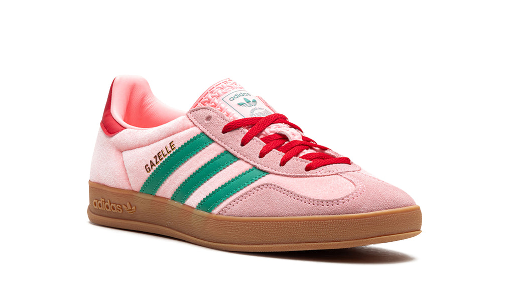 adidas Gazelle Indoor Sneakers - Pink with Green Stripes, Red Accents and Gum Sole
