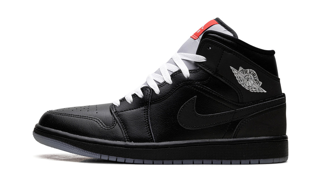 Air Jordan 1 Mid SE Sneakers - Black & Grey with White Laces and Red Accents