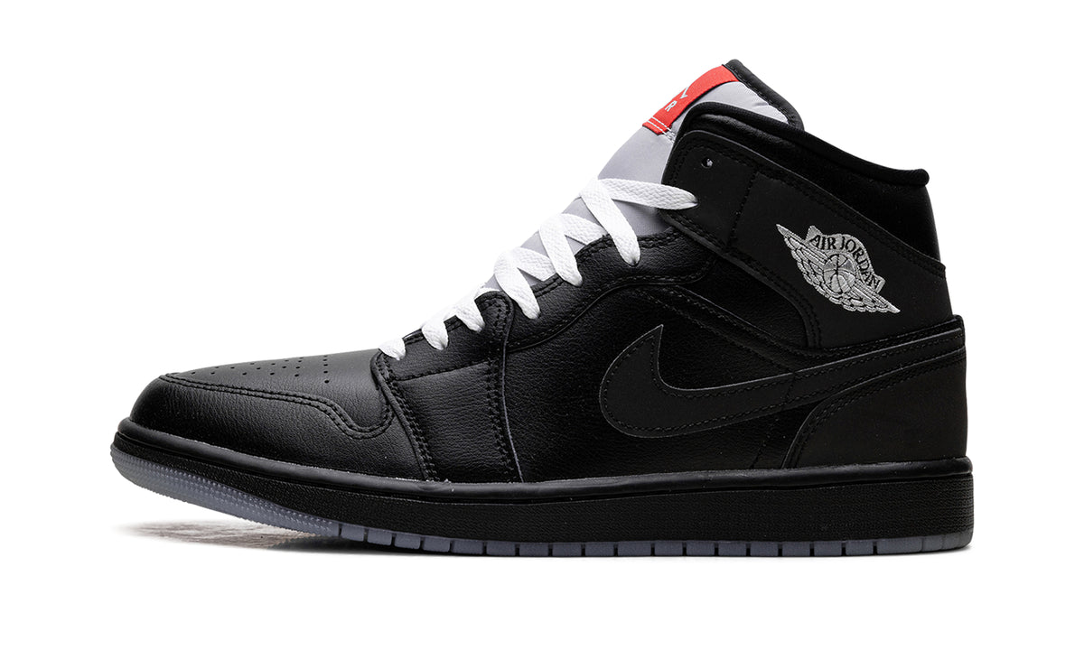 Air Jordan 1 Mid SE Sneakers - Black & Grey with White Laces and Red Accents