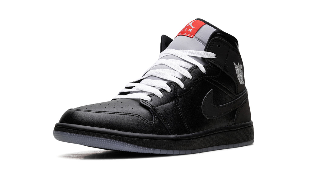 Air Jordan 1 Mid SE Sneakers - Black & Grey with White Laces and Red Accents