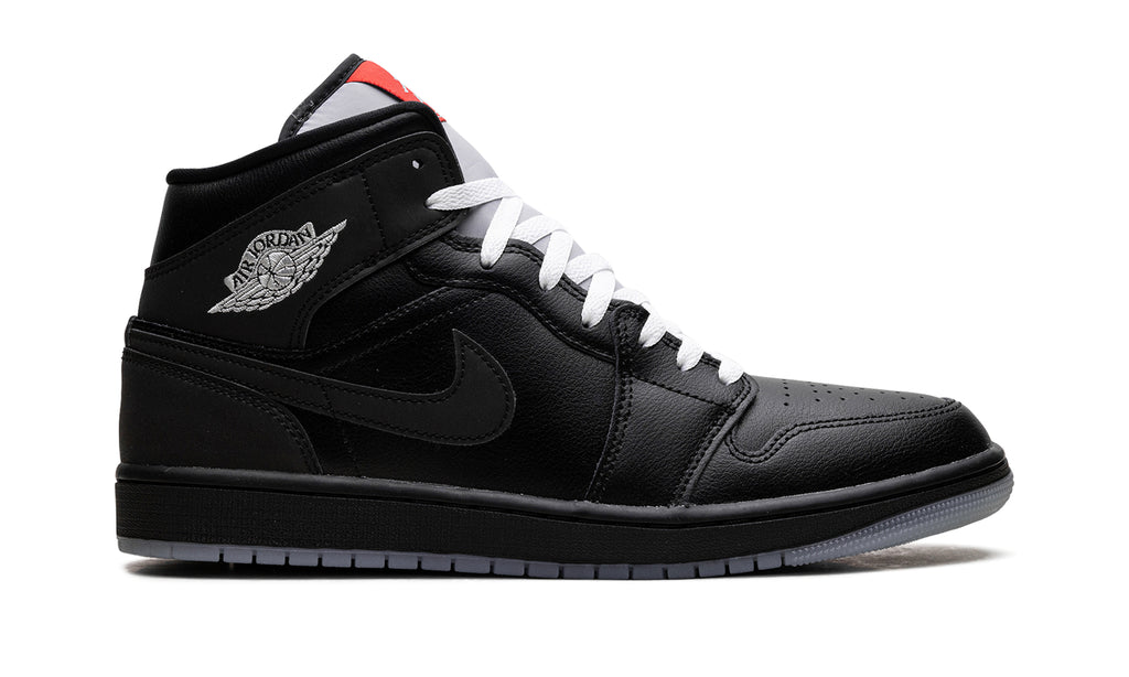 Air Jordan 1 Mid SE Sneakers - Black & Grey with White Laces and Red Accents