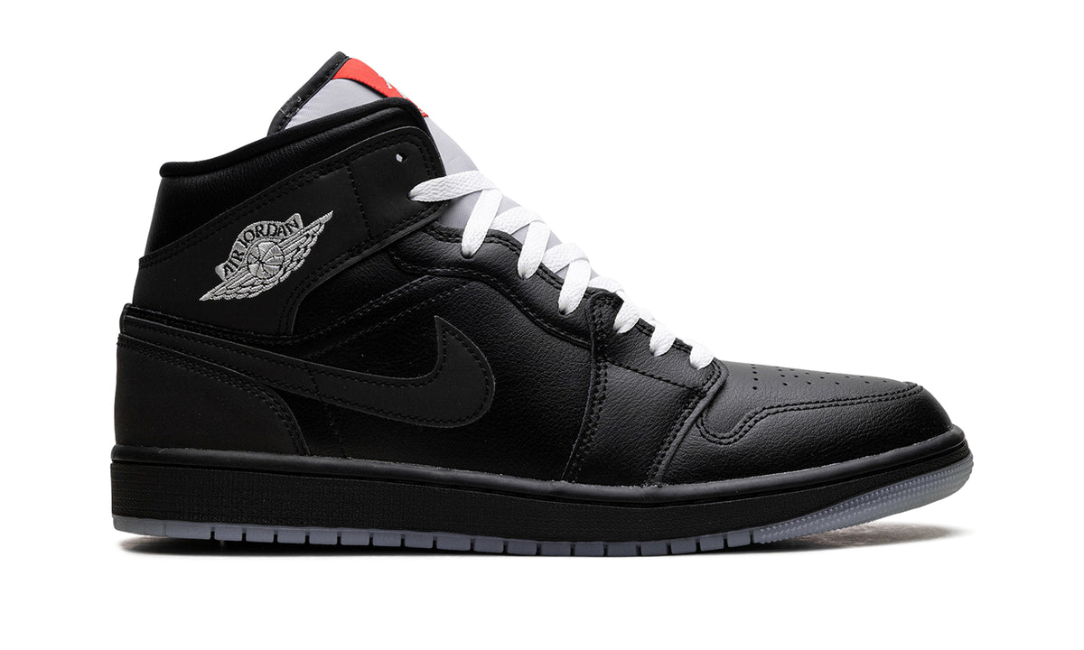 Air Jordan 1 Mid SE Sneakers - Black & Grey with White Laces and Red Accents