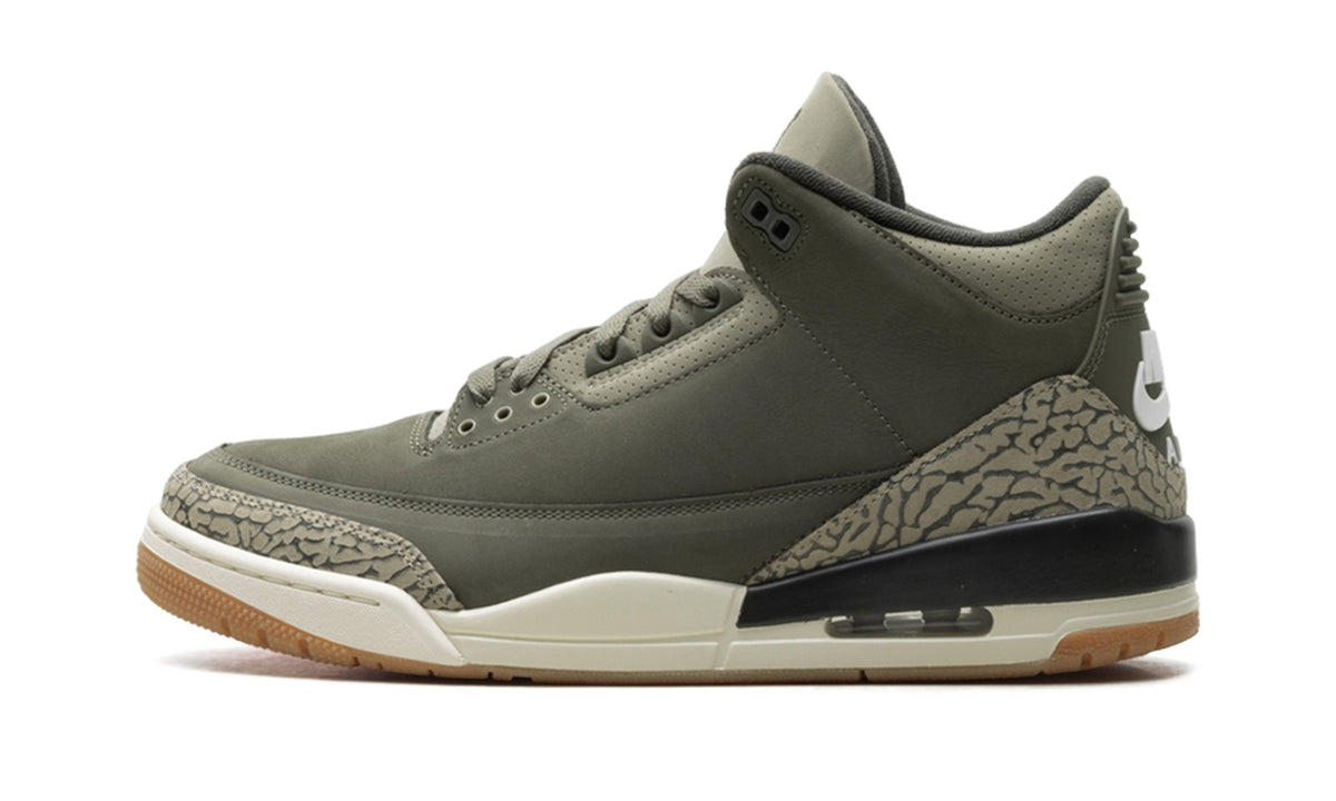 Air Jordan 3 Sneakers - Olive/Black with Elephant Print and Gum-Colored Sole