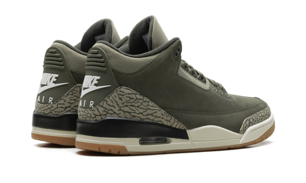 Air Jordan 3 Sneakers - Olive/Black with Elephant Print and Gum-Colored Sole