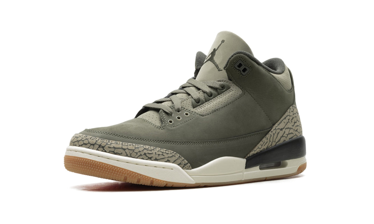 Air Jordan 3 Sneakers - Olive/Black with Elephant Print and Gum-Colored Sole