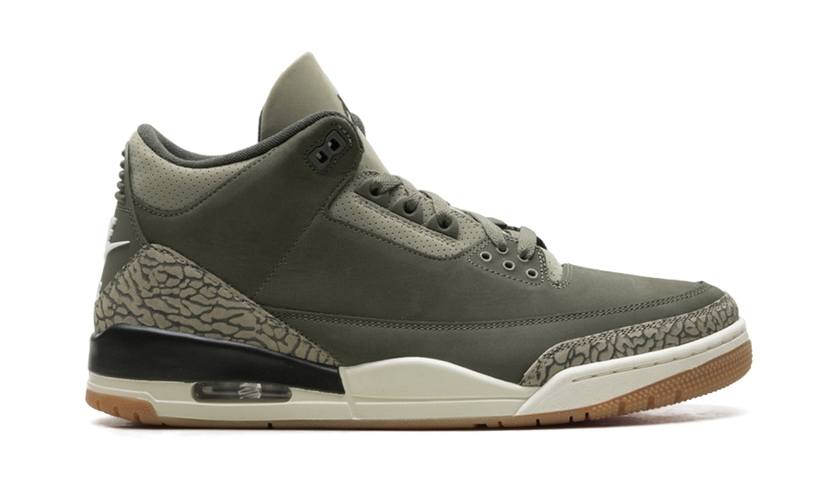 Air Jordan 3 Sneakers - Olive/Black with Elephant Print and Gum-Colored Sole