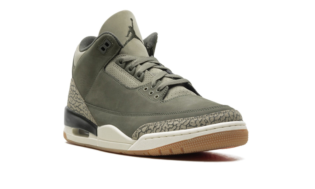 Air Jordan 3 Sneakers - Olive/Black with Elephant Print and Gum-Colored Sole