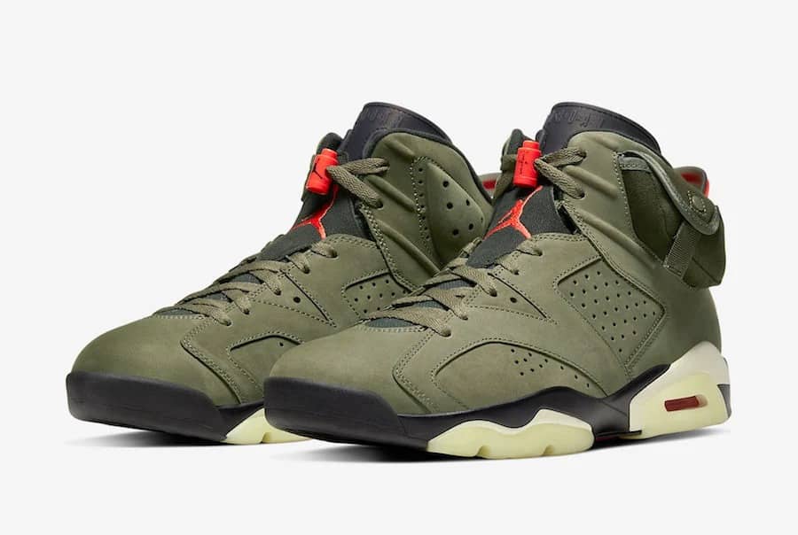 Travis Scott x Air Jordan 6 Retro Olive Sneakers - Olive Green with Red Accents