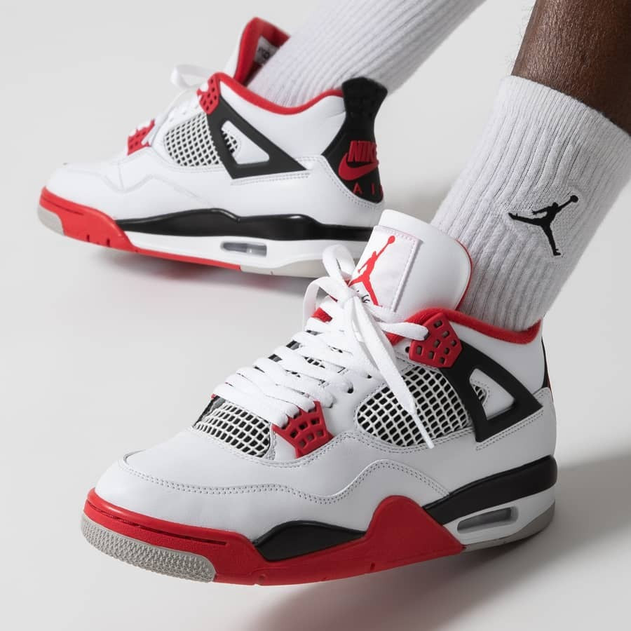 Air Jordan 4 Retro Fire Red Sneakers - White, Red & Black